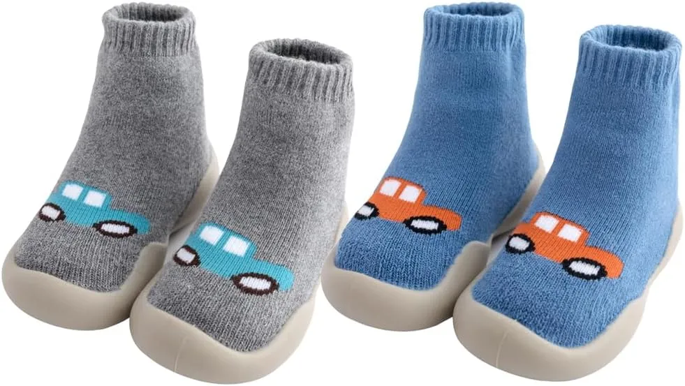 2 Pairs Baby Sock Shoes Toddler Infant Non Slip Soft Rubber Sole Slippers First Walking Shoes for Baby Boys Girls