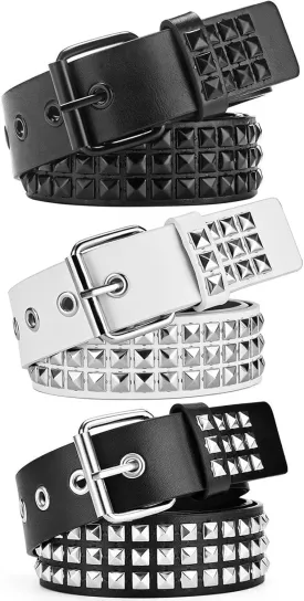 3 Pcs White Black Studded Belt Y2K Belt Gothic Punk Rock Belt with Grommet Threads Bright Metal Pyramid Cool Belts for Women Men