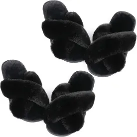 Ankis Women's Plush Slippers with Cross Band, Warm Slippers, 2 Pairs of Memory Foam and Open Toe, Fluffy Slippers for Indoor and Outdoor Use (White, Black, Grey, Pink, Camel)