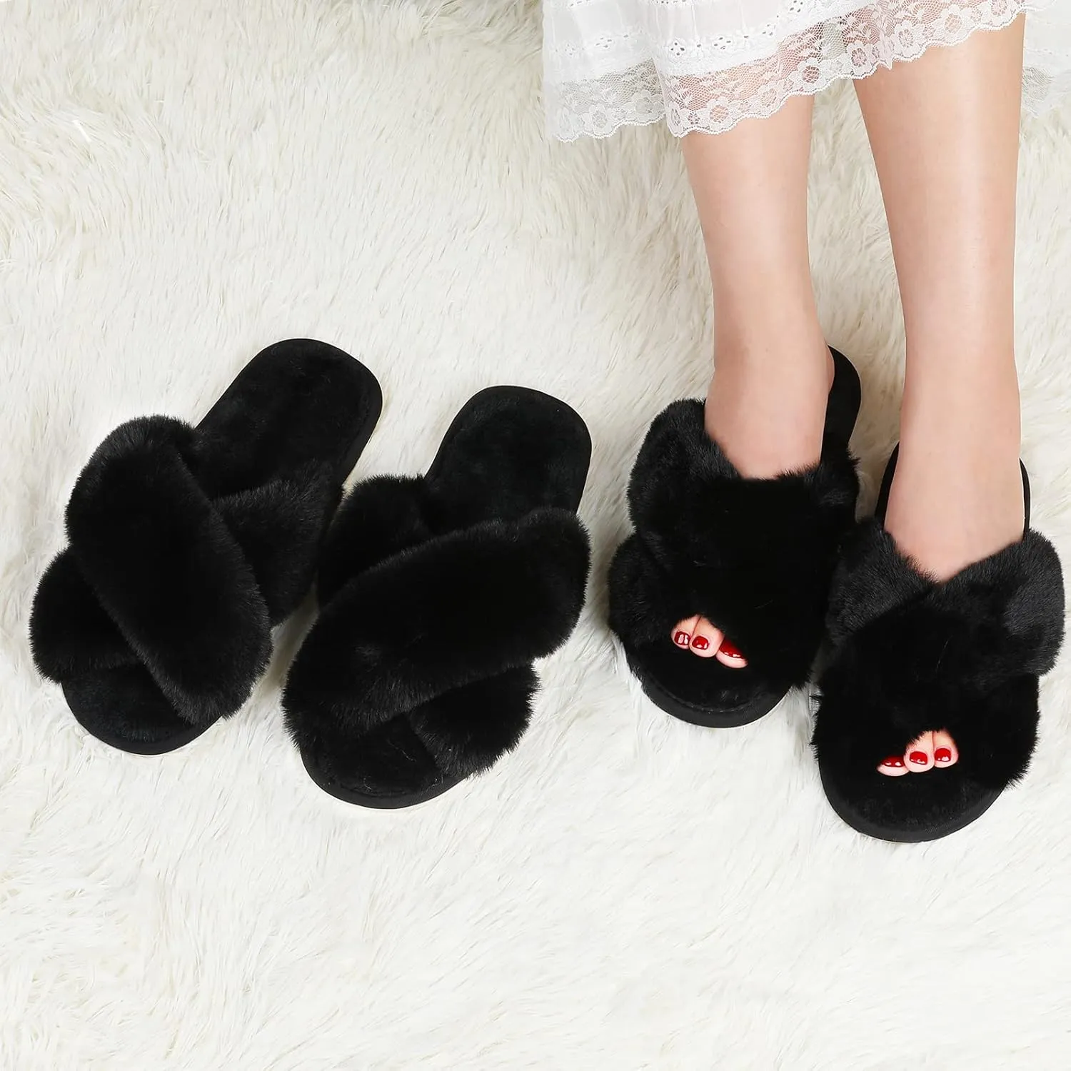 Ankis Women's Plush Slippers with Cross Band, Warm Slippers, 2 Pairs of Memory Foam and Open Toe, Fluffy Slippers for Indoor and Outdoor Use (White, Black, Grey, Pink, Camel)