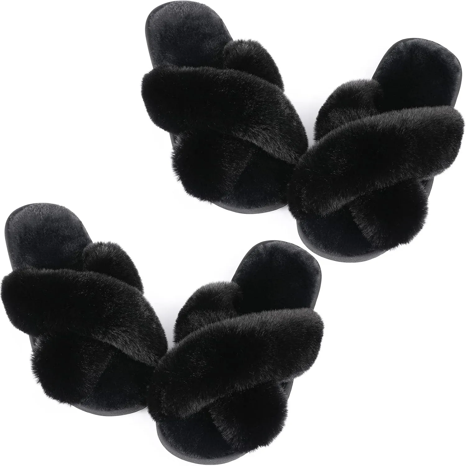 Ankis Women's Plush Slippers with Cross Band, Warm Slippers, 2 Pairs of Memory Foam and Open Toe, Fluffy Slippers for Indoor and Outdoor Use (White, Black, Grey, Pink, Camel)