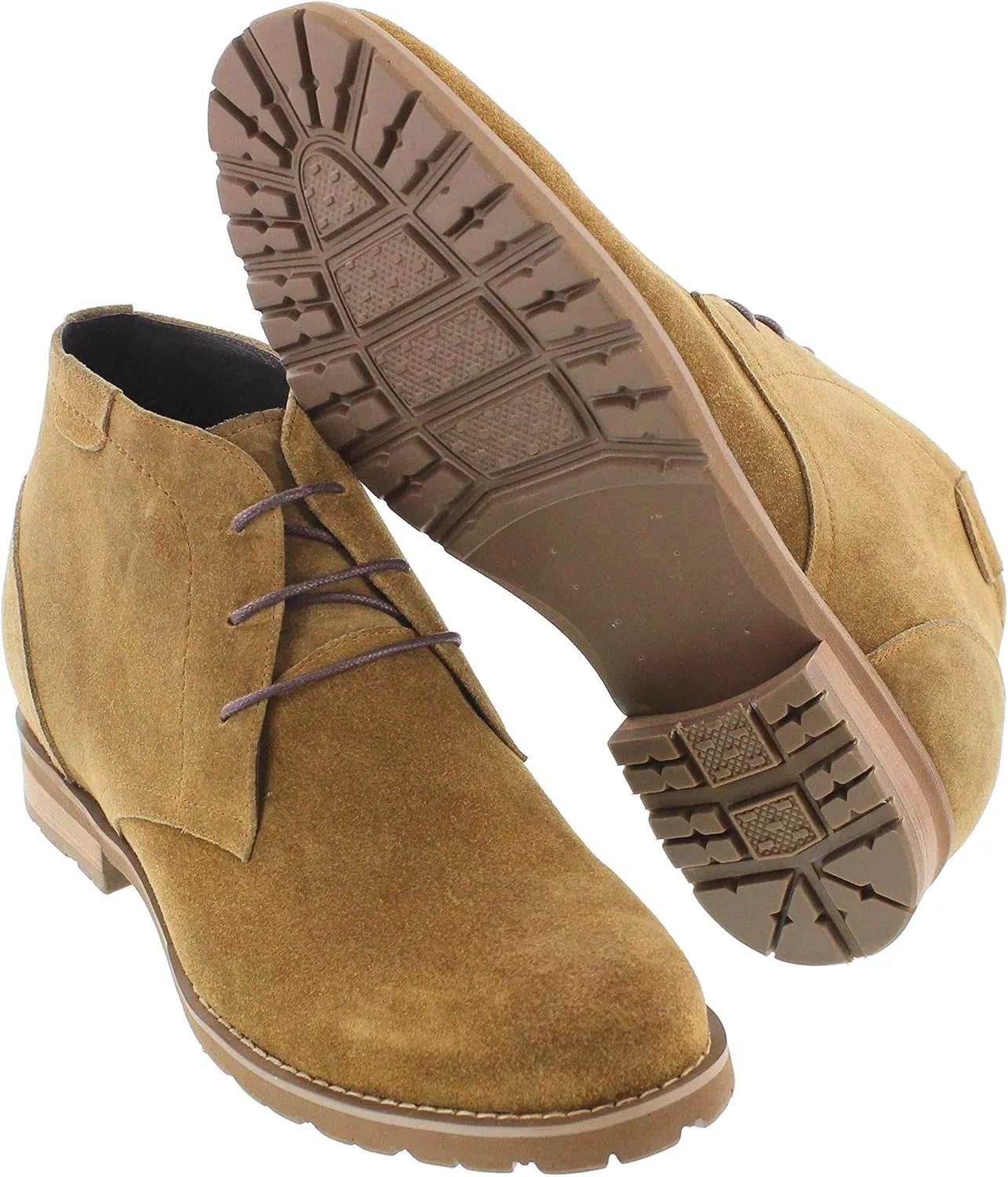 CALTO Men's Invisible Height Increasing Elevator Shoes - Khaki Tan Nubuck Leather Lace-up High-top Chukka Style Dress Boots - 3 Inches Taller - T65561 - Size 7.5 D(M) US