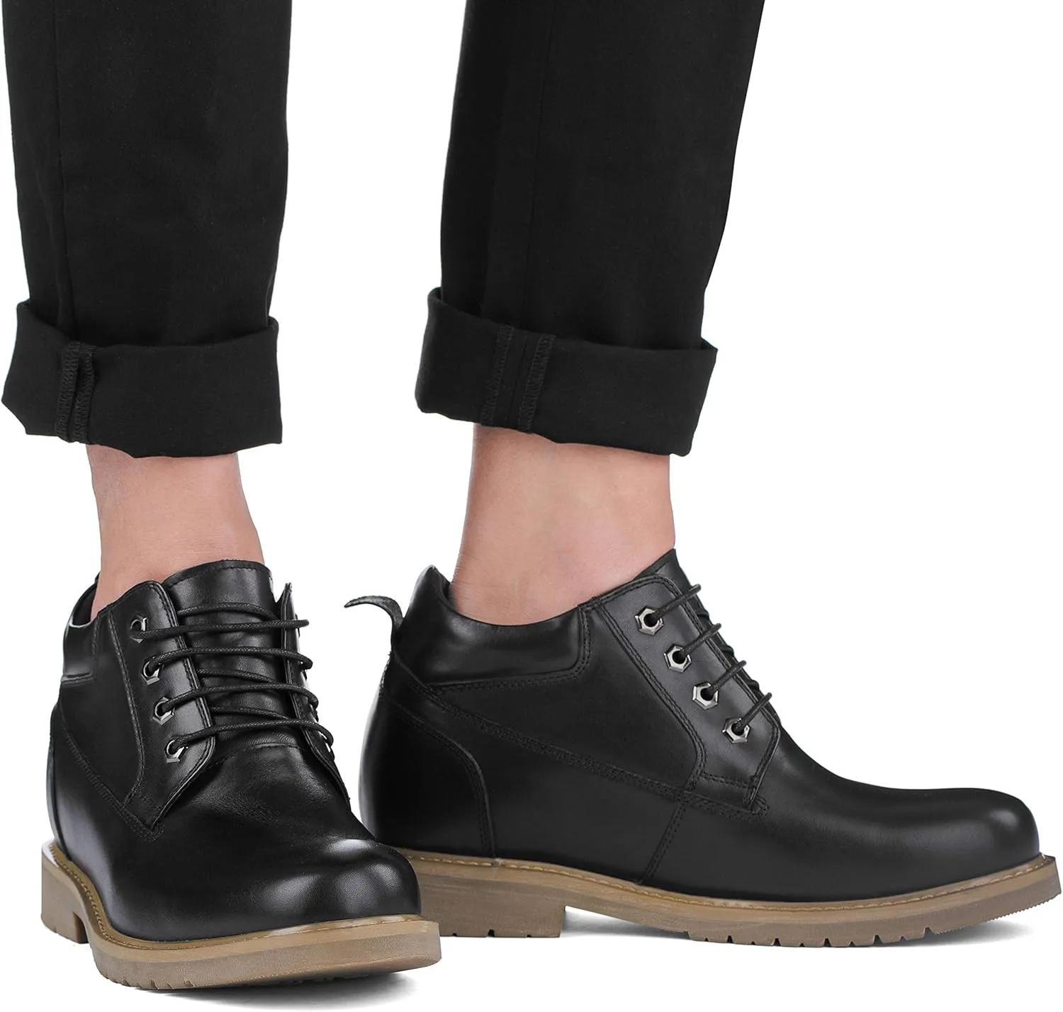 CALTO Men's Invisible Height Increasing Elevator Shoes - Leather Lace-up Round-Toe Work Boots - 3.2 Inches Taller