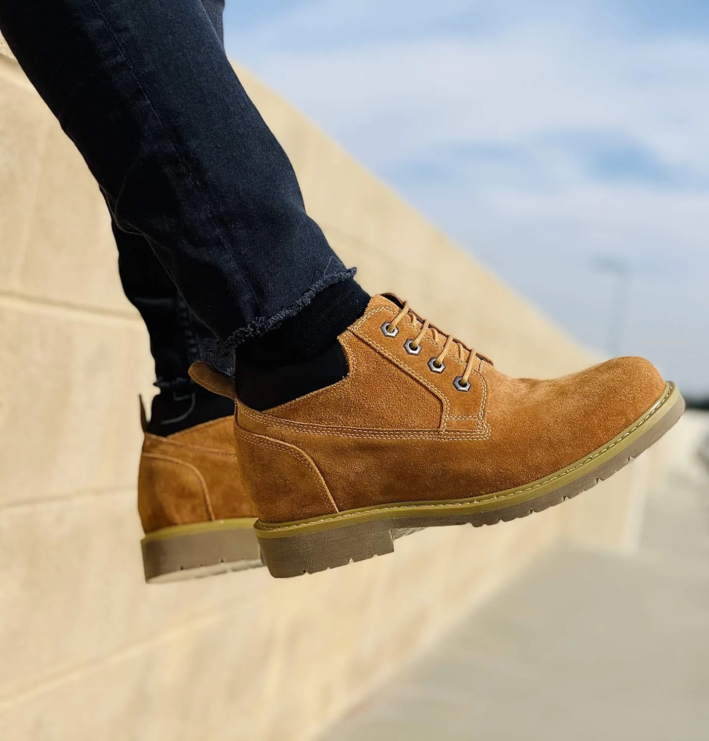 CALTO Men's Invisible Height Increasing Elevator Shoes - Leather Lace-up Round-Toe Work Boots - 3.2 Inches Taller