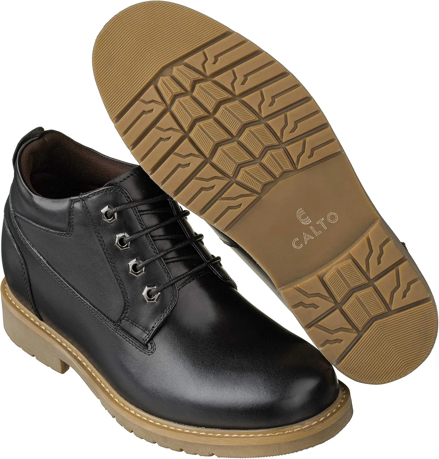 CALTO Men's Invisible Height Increasing Elevator Shoes - Leather Lace-up Round-Toe Work Boots - 3.2 Inches Taller