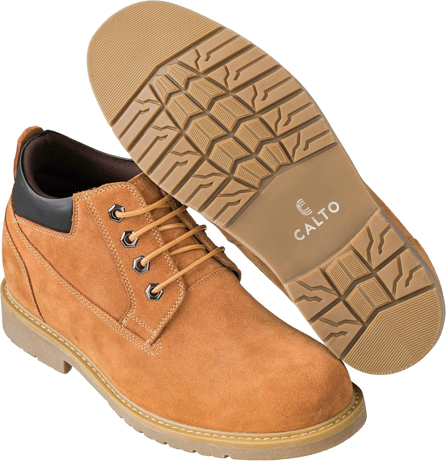 CALTO Men's Invisible Height Increasing Elevator Shoes - Leather Lace-up Round-Toe Work Boots - 3.2 Inches Taller