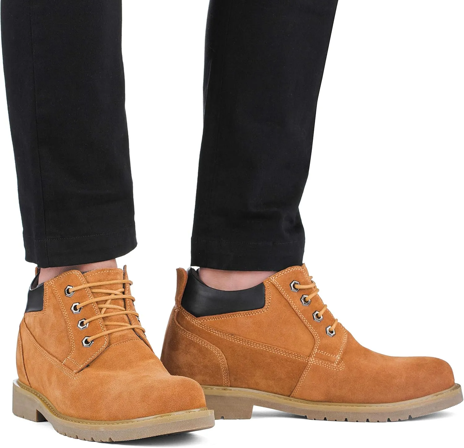 CALTO Men's Invisible Height Increasing Elevator Shoes - Leather Lace-up Round-Toe Work Boots - 3.2 Inches Taller
