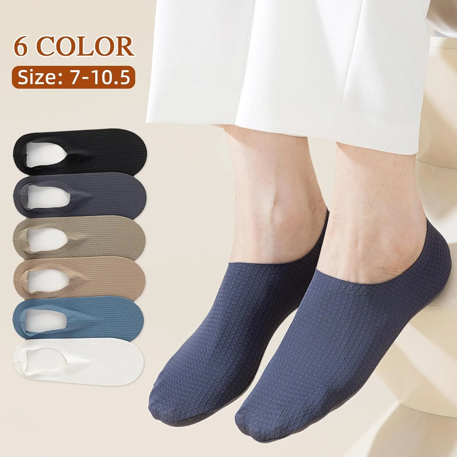 Caudblor 6 Pack Men's No Show Ankle Socks,Non-Slip Low Cut Liner Socks with Heel Grip for Loafers Sneakers, Sizes 7-10