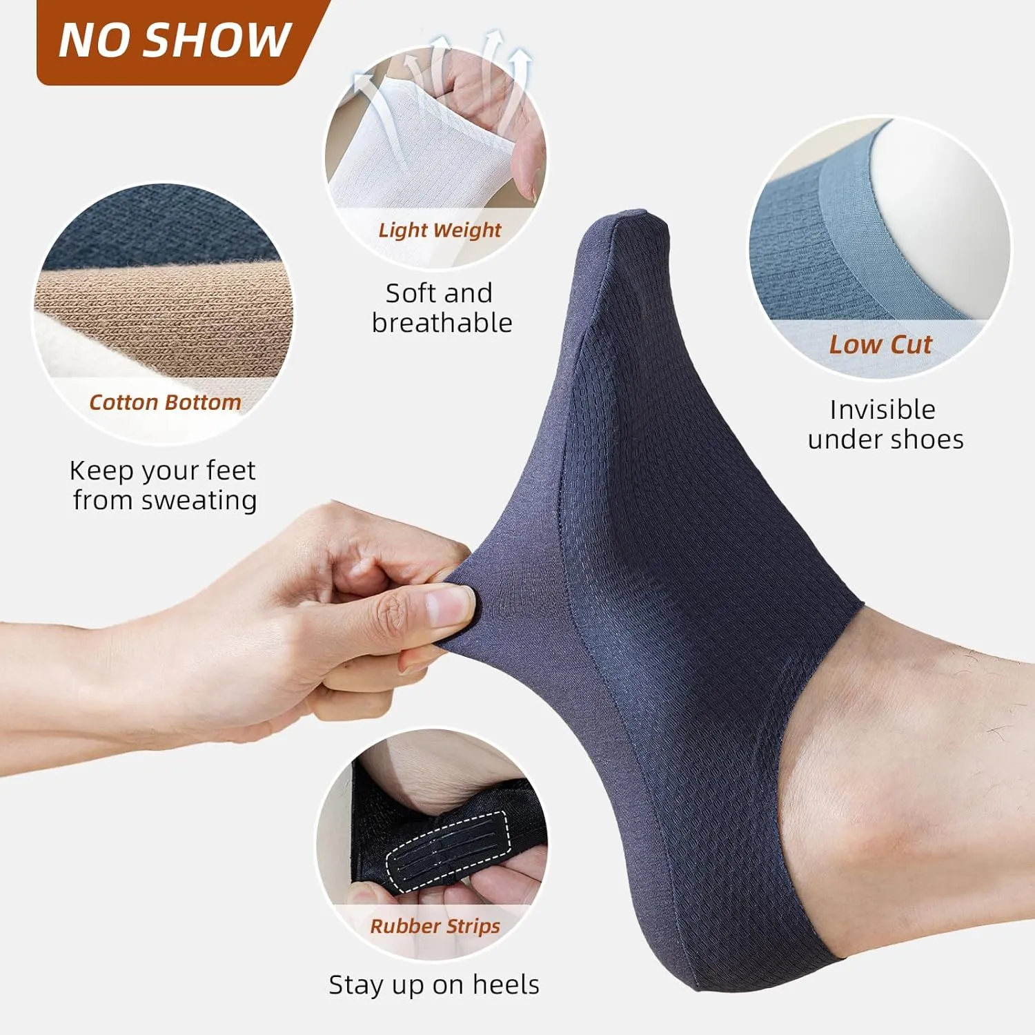 Caudblor 6 Pack Men's No Show Ankle Socks,Non-Slip Low Cut Liner Socks with Heel Grip for Loafers Sneakers, Sizes 7-10