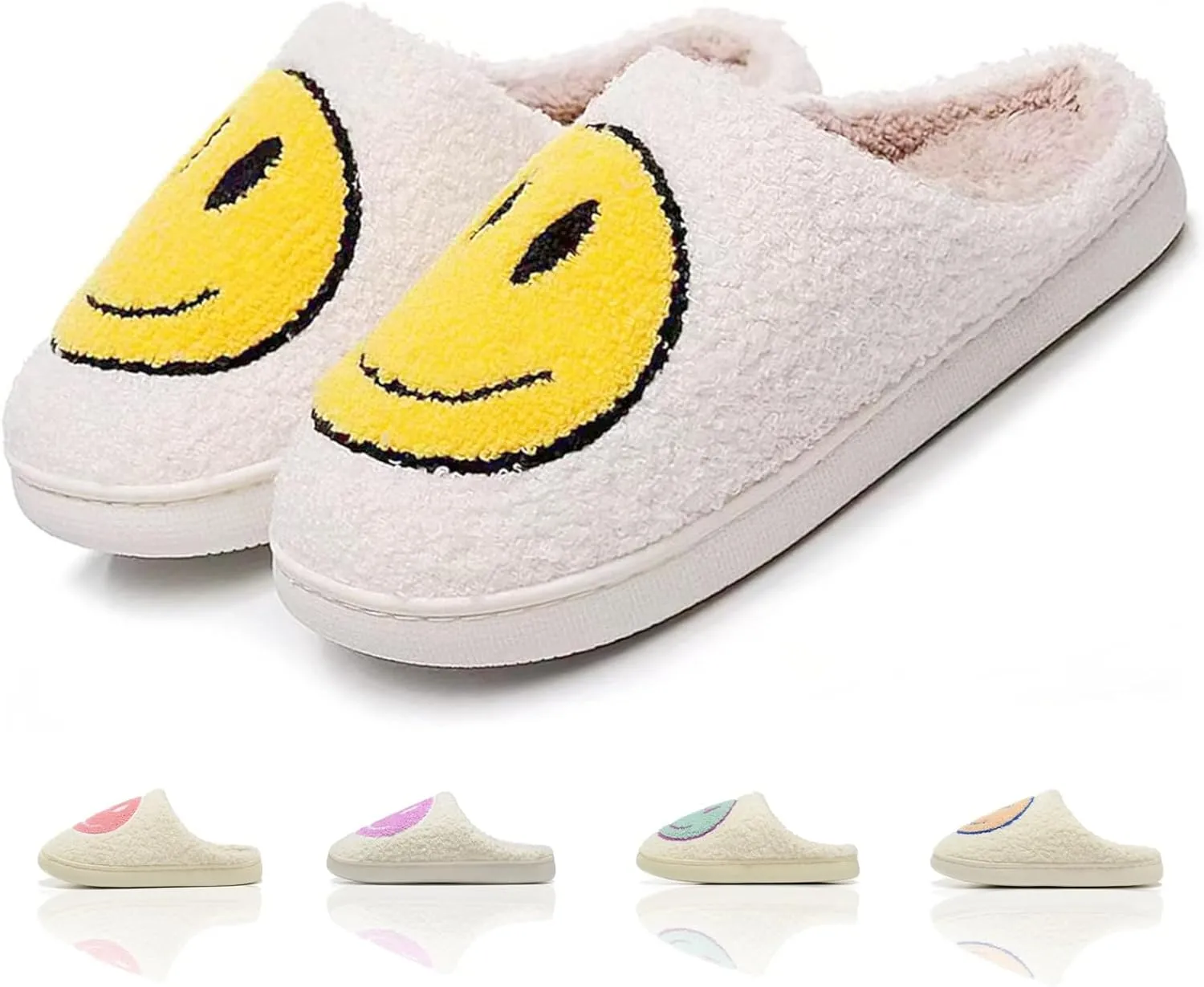 Cute House Slippers for Women Men with Memory Foam Retro Happy Face Cozy Indoor Outdoor Fuzzy Plush Shoes