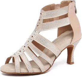 Dance Boots for Women Latin Salsa Ballroom Performance Dress Shoes 3 Inch Heel Rhinestones Suede Sole Dance Shoes
