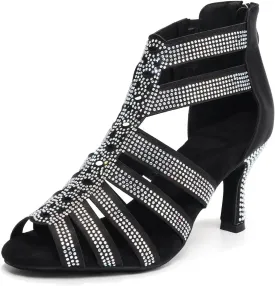 Dance Boots for Women Latin Salsa Ballroom Performance Dress Shoes 3 Inch Heel Rhinestones Suede Sole Dance Shoes