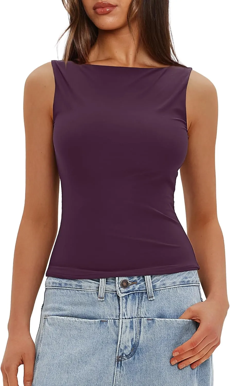 Darong Women's Double Lined Tank Tops Boat Neck Sleeveless Fitted Basic Going Out Casual Cropped Tank Shirts
