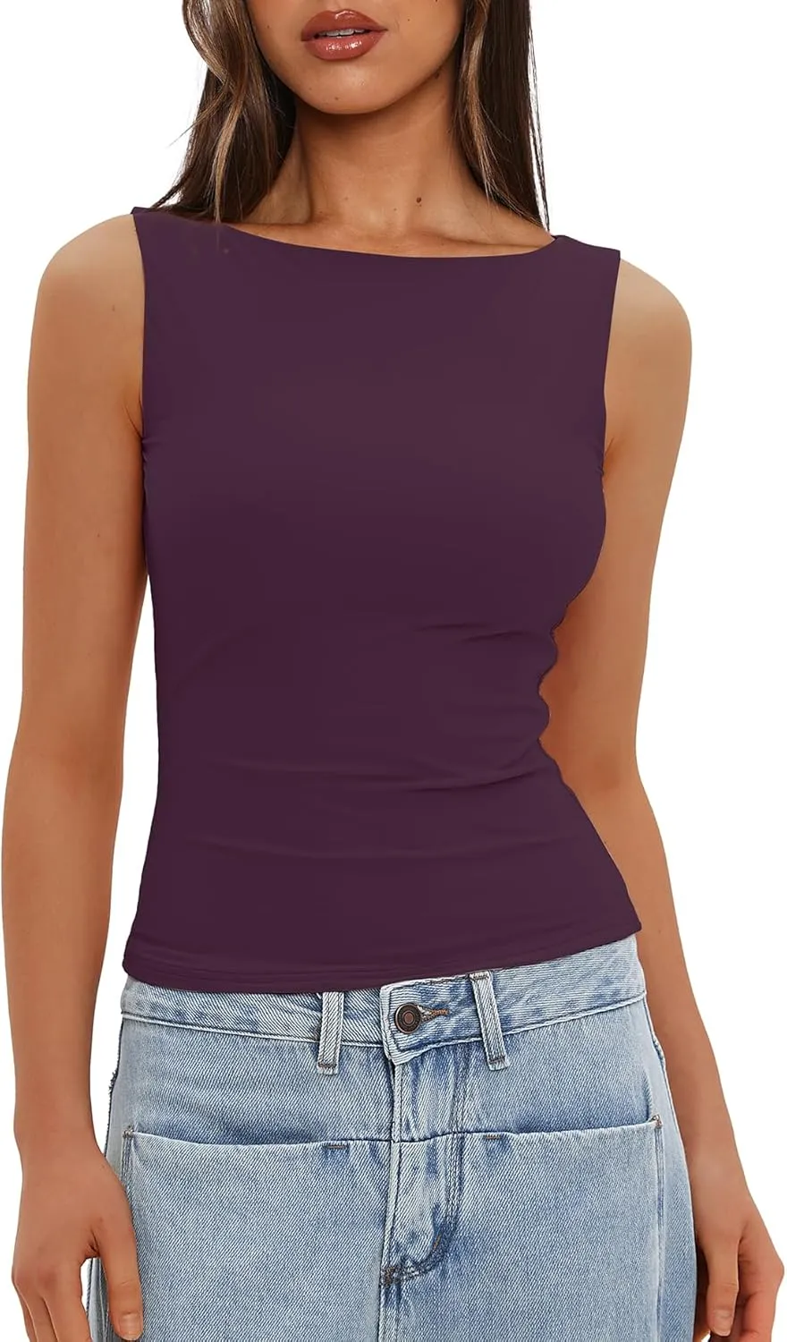Darong Women's Double Lined Tank Tops Boat Neck Sleeveless Fitted Basic Going Out Casual Cropped Tank Shirts