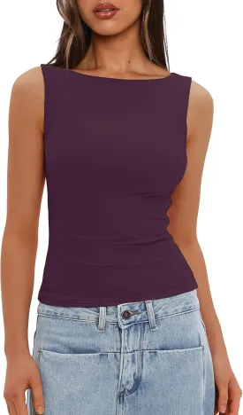Darong Women's Double Lined Tank Tops Boat Neck Sleeveless Fitted Basic Going Out Casual Cropped Tank Shirts
