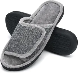 DL Adjustable Men's Memory Foam Slippers, Comfy Indoor Outdoor, Breathable Slide Bedroom Velcor Slippers Size 7-14 Black, Gray, Navy, Brown