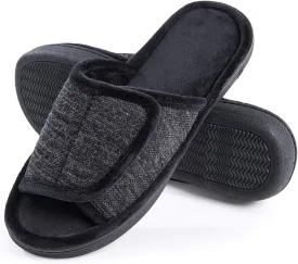 DL Adjustable Men's Memory Foam Slippers, Comfy Indoor Outdoor, Breathable Slide Bedroom Velcor Slippers Size 7-14 Black, Gray, Navy, Brown