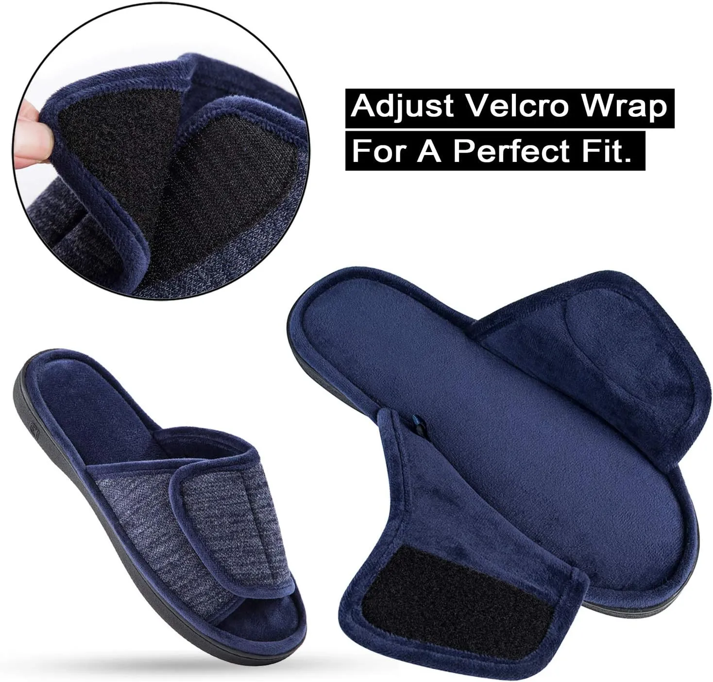 DL Adjustable Men's Memory Foam Slippers, Comfy Indoor Outdoor, Breathable Slide Bedroom Velcor Slippers Size 7-14 Black, Gray, Navy, Brown