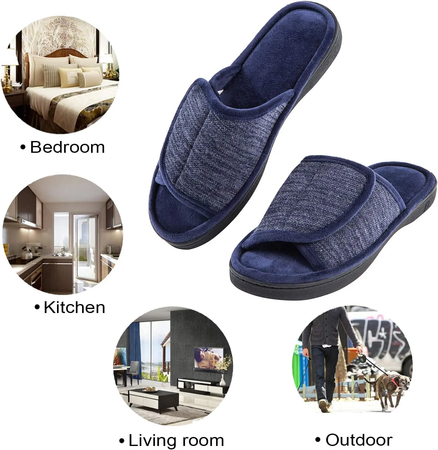 DL Adjustable Men's Memory Foam Slippers, Comfy Indoor Outdoor, Breathable Slide Bedroom Velcor Slippers Size 7-14 Black, Gray, Navy, Brown