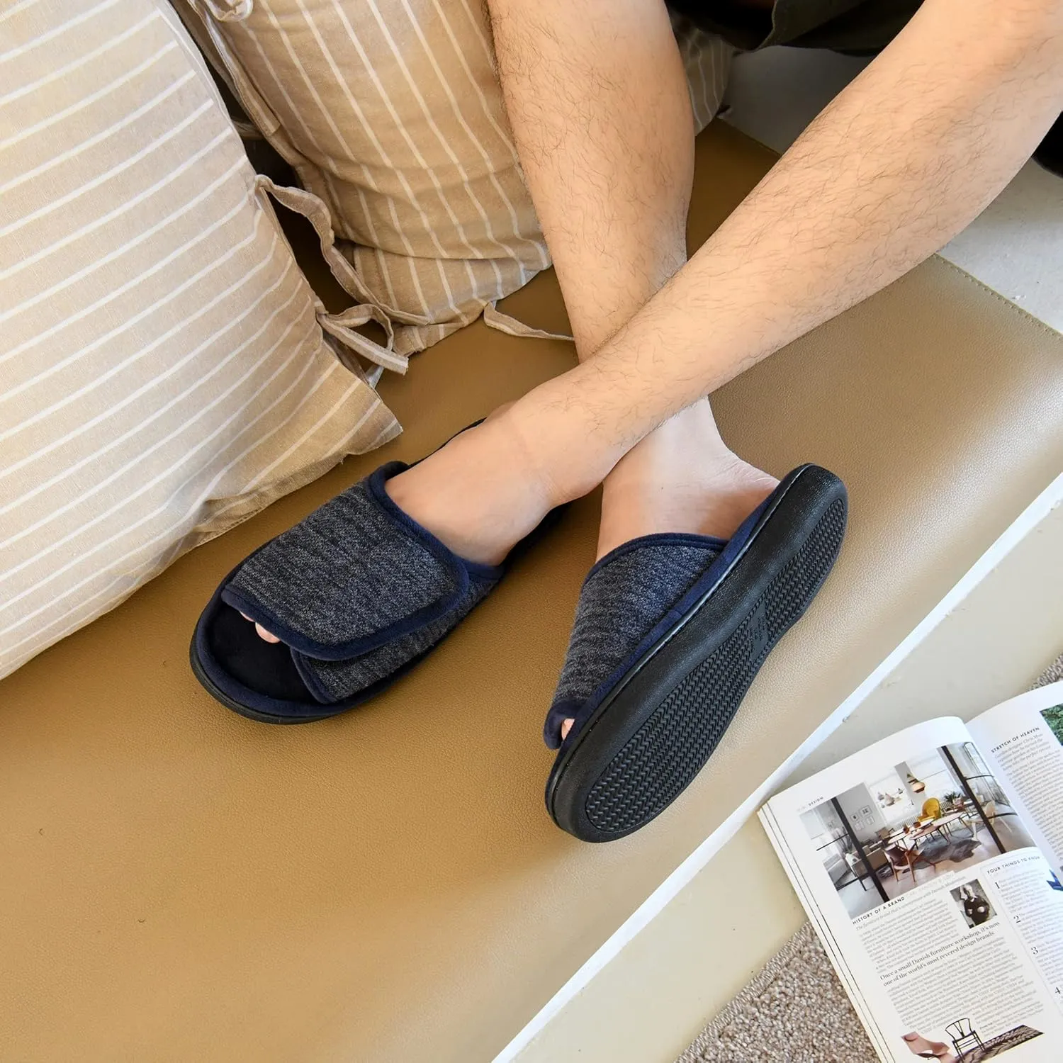 DL Adjustable Men's Memory Foam Slippers, Comfy Indoor Outdoor, Breathable Slide Bedroom Velcor Slippers Size 7-14 Black, Gray, Navy, Brown