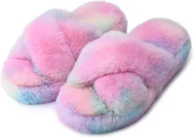 DL Fluffy Womens House Slippers Cross Band Open Toe, Soft Plush Fleece Bedroom Slippers Women Memory Foam, Comfy Fuzzy Slip On Non-Slip Womens Slippers Indoor Leopard Size