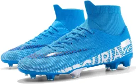 High-Top Soccer Cleats Mens, Professional High Gripping Power Football Shoes, Lace-Up Comfortable Youth Football Cleats for Outdoor Indoor (Color : Blue, Size : 9)