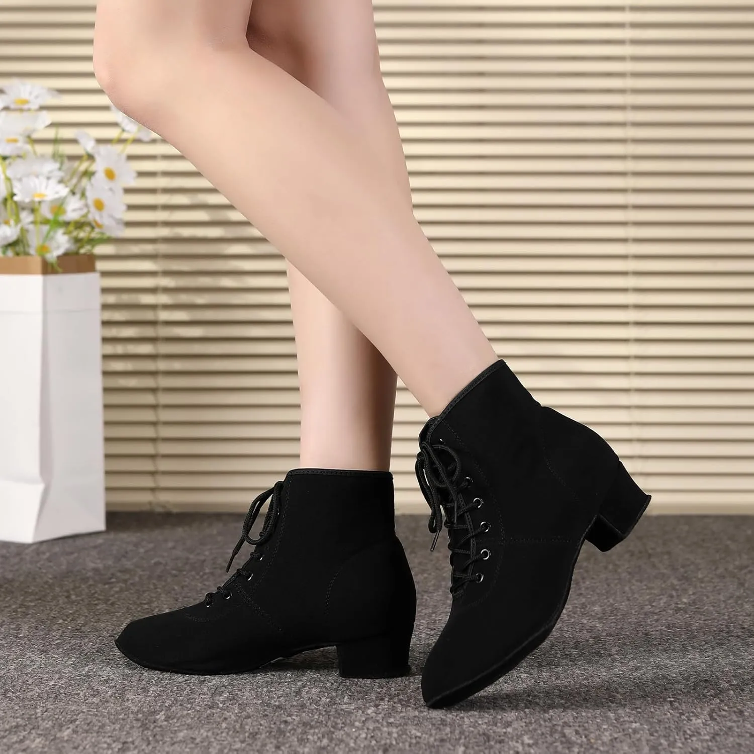 HROYL Women's Latin Dance Boots Low Heel Close Toe Ballroom Tango Performance Practice Teaching Dancing Shoes,LHD-GBNJB
