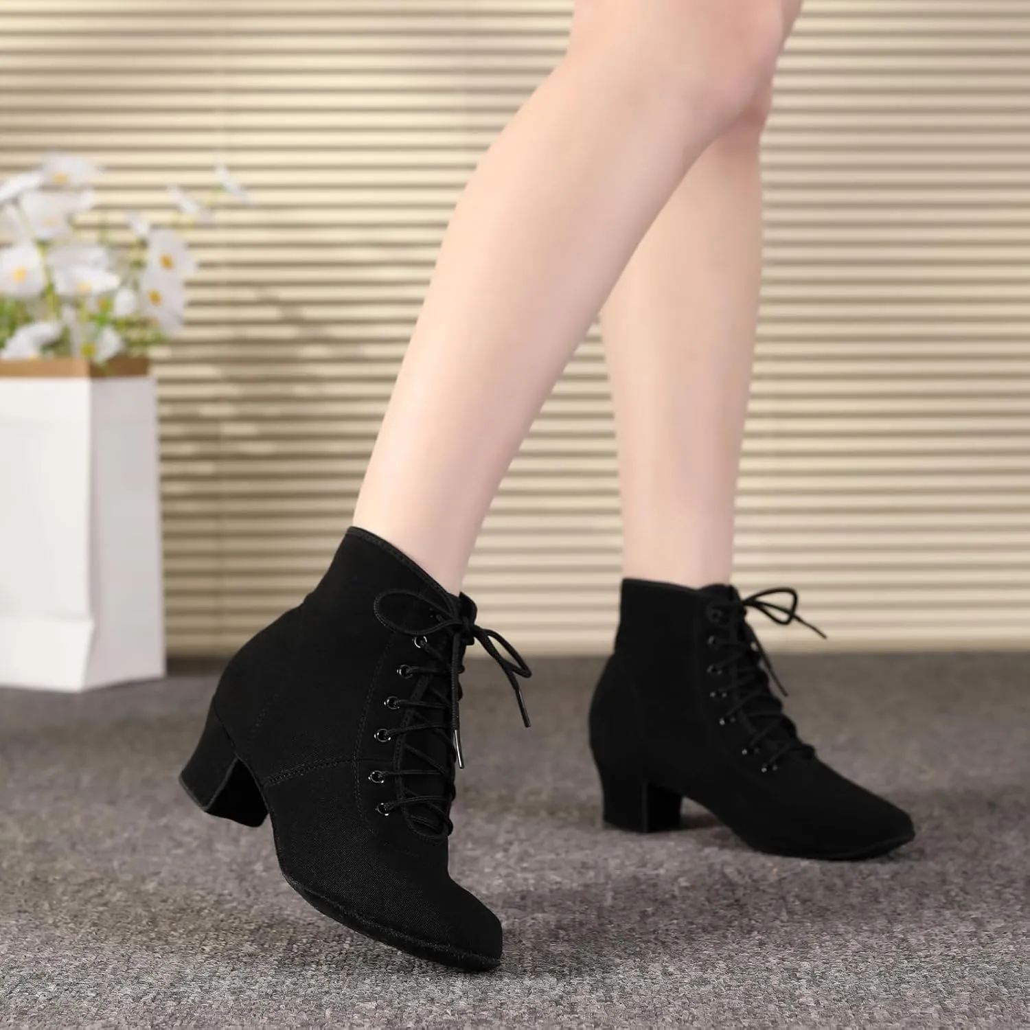 HROYL Women's Latin Dance Boots Low Heel Close Toe Ballroom Tango Performance Practice Teaching Dancing Shoes,LHD-GBNJB