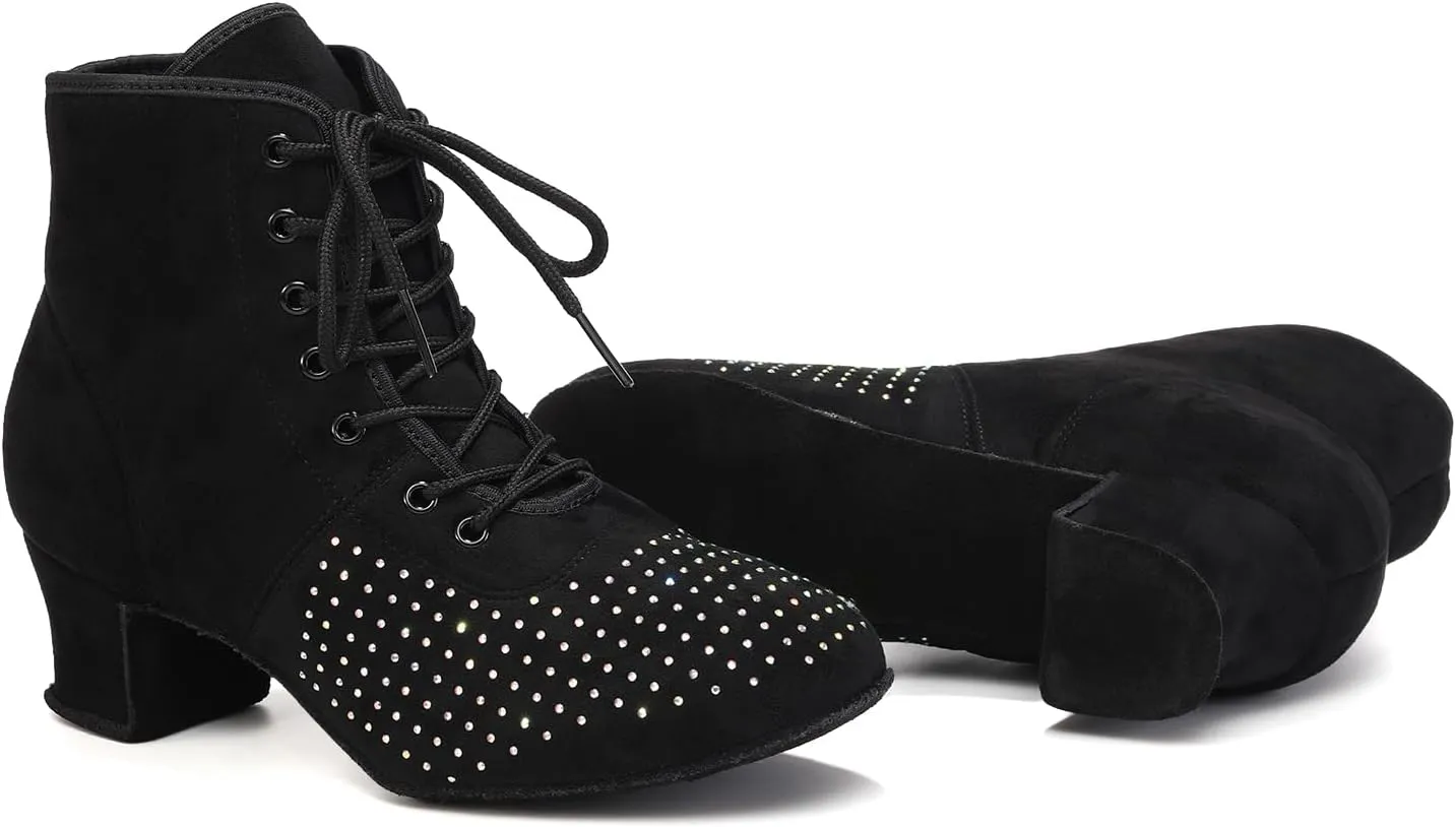 HROYL Women's Latin Dance Boots Low Heel Close Toe Ballroom Tango Performance Practice Teaching Dancing Shoes,LHD-GBNJB