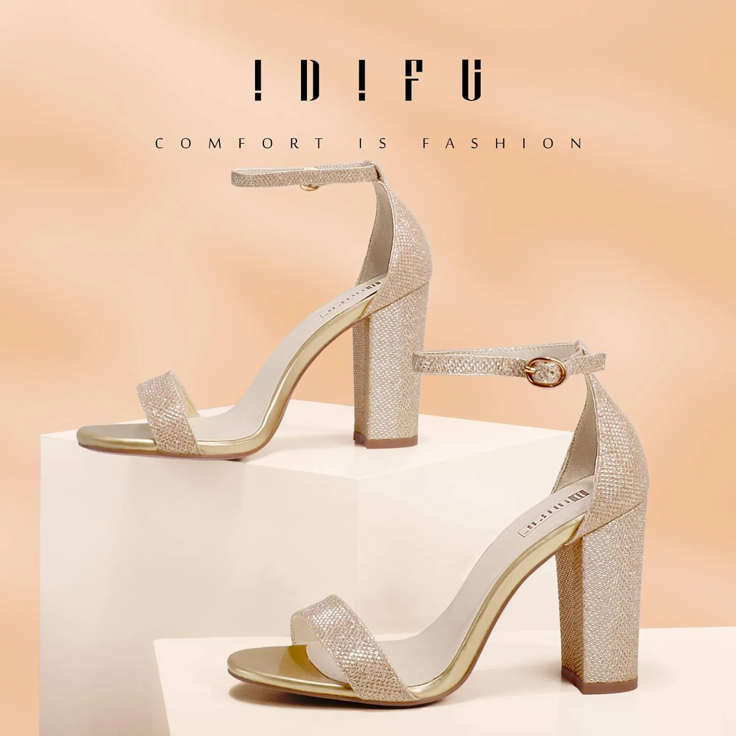 IDIFU Women's IN4 Cookie-HI Chunky High Heel Sandals Open Toe Ankle Strap Wedding Bridal Prom Dress Shoes For Women Bride Bridesmaid
