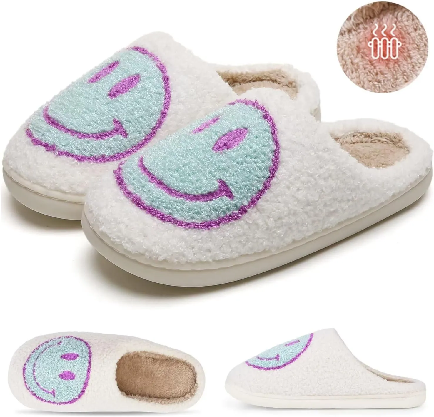 KEYUSHOP Happy Face Slippers for Kids Smile Face House Slippers Soft Plush Warm Preppy Slipper Anti-Slip Winter Fuzzy House Shoes for Toddler Girls