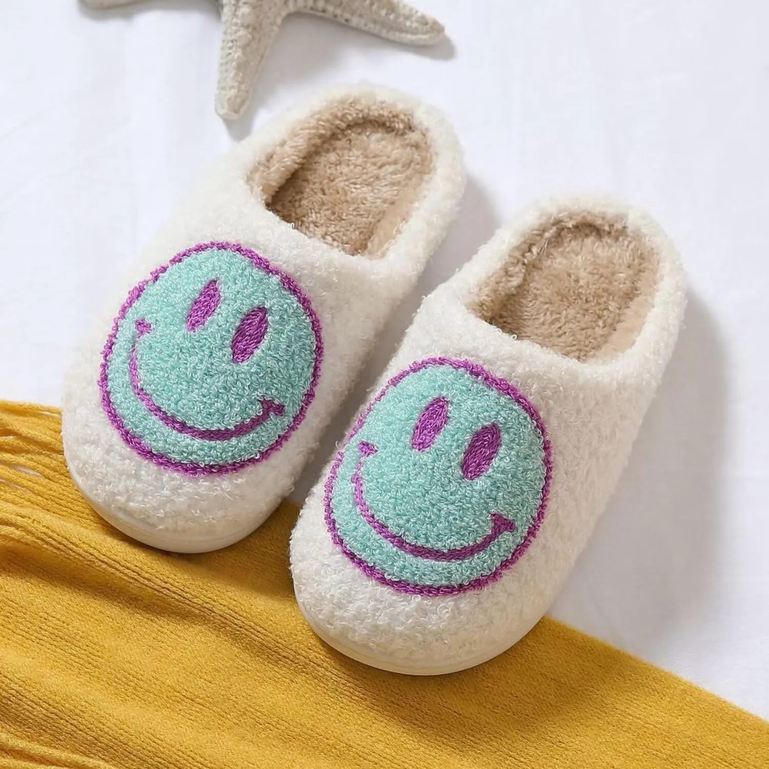 KEYUSHOP Happy Face Slippers for Kids Smile Face House Slippers Soft Plush Warm Preppy Slipper Anti-Slip Winter Fuzzy House Shoes for Toddler Girls