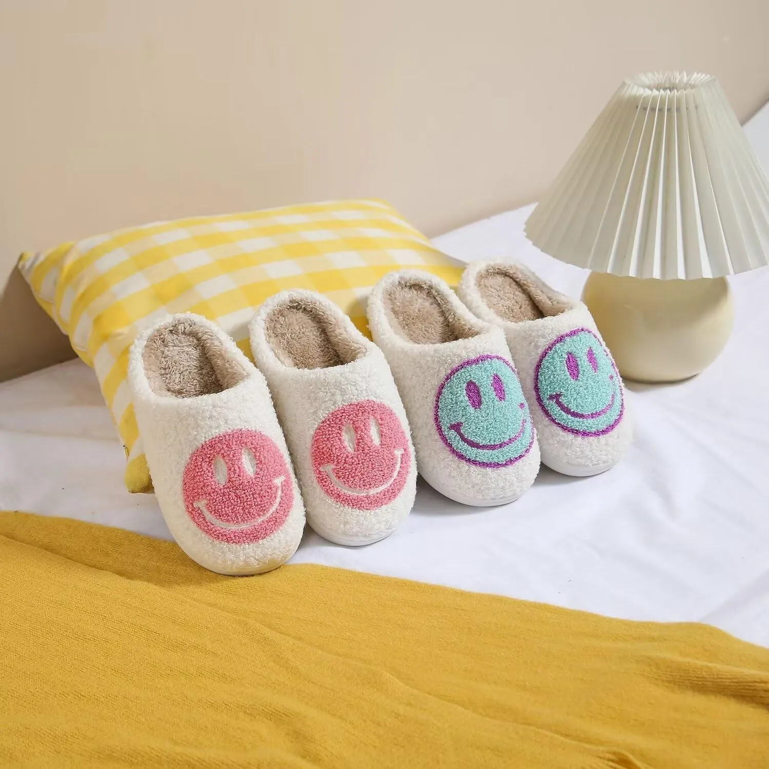 KEYUSHOP Happy Face Slippers for Kids Smile Face House Slippers Soft Plush Warm Preppy Slipper Anti-Slip Winter Fuzzy House Shoes for Toddler Girls