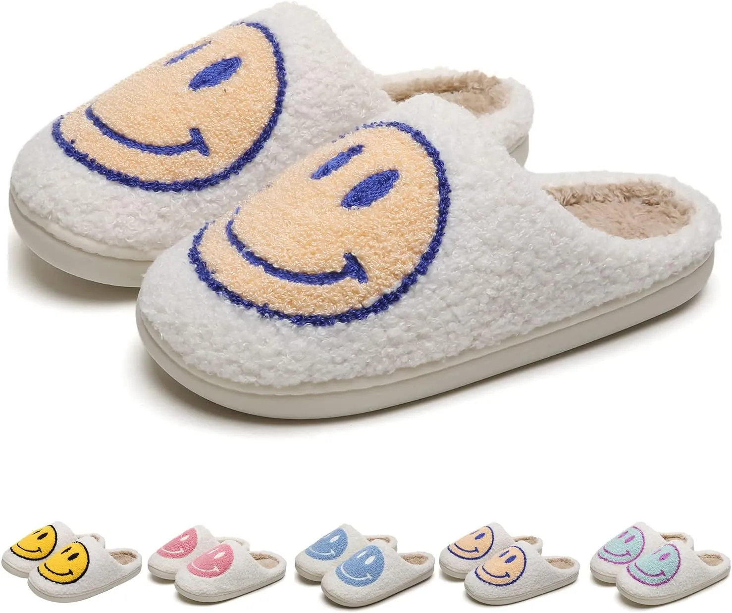 KEYUSHOP Happy Face Slippers for Kids Smile Face House Slippers Soft Plush Warm Preppy Slipper Anti-Slip Winter Fuzzy House Shoes for Toddler Girls