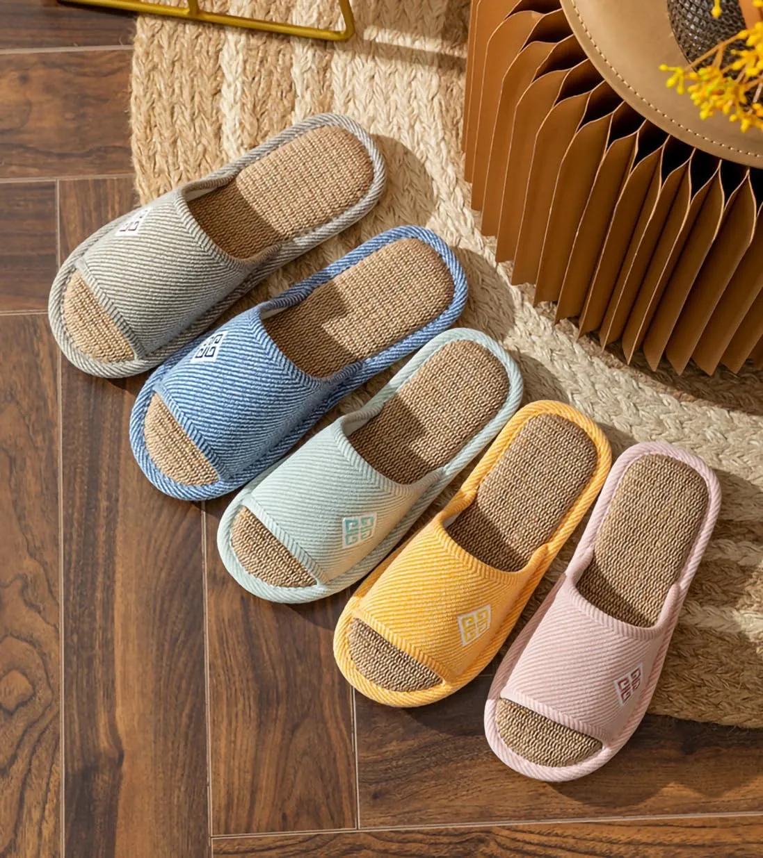 Linen Open-Toe Slide Slippers for Women, Non-Slip Indoor Outdoor House Shoes with Comfortable Sole