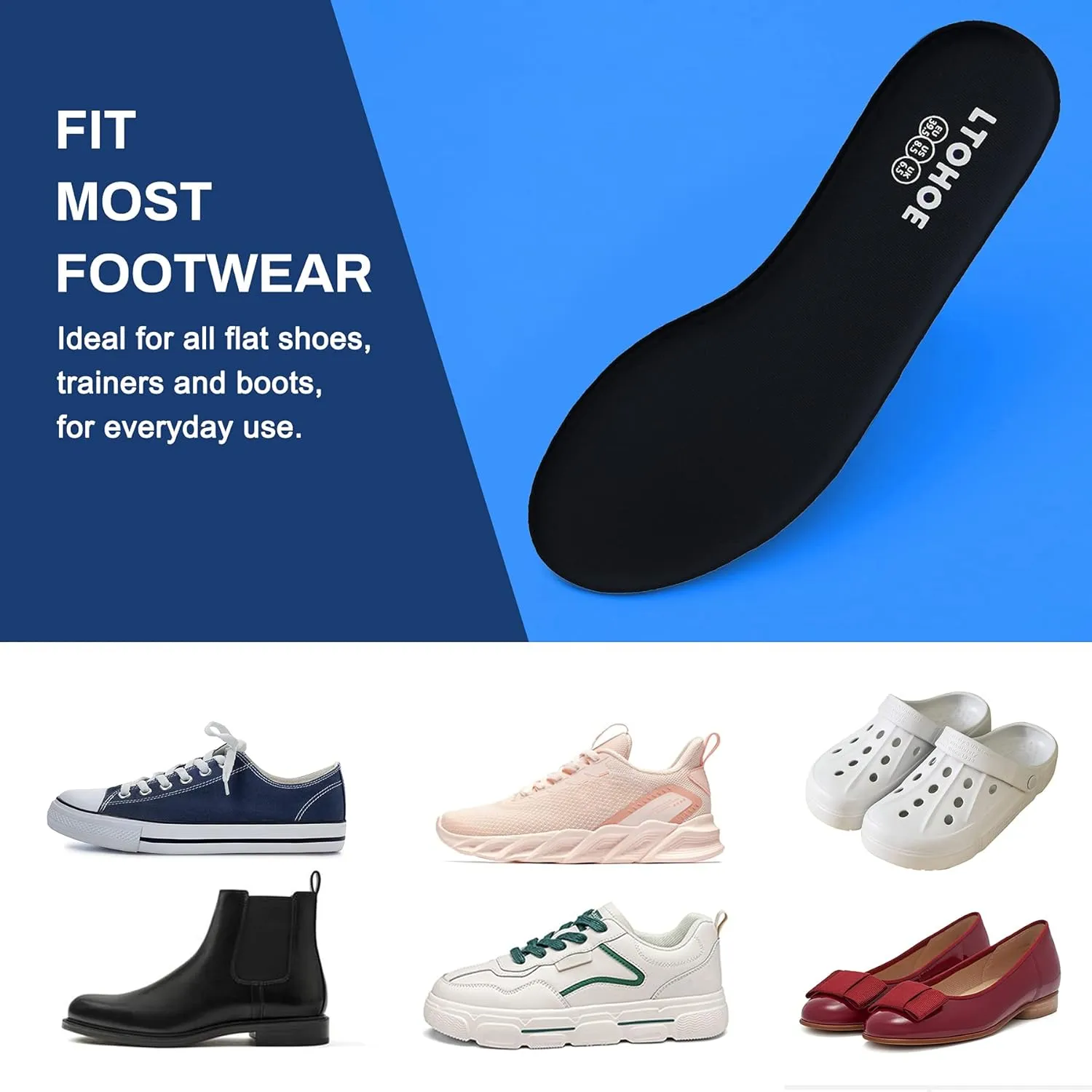 LTOHOE Memory Foam Insoles for Women, Replacement Shoe Inserts for Running Shoes, Hiking Shoes, Sneaker, Cushion Shoe Insoles Shock Absorbing for Foot Pain Relief, Comfort Inner Soles 8mm Black US 6.5