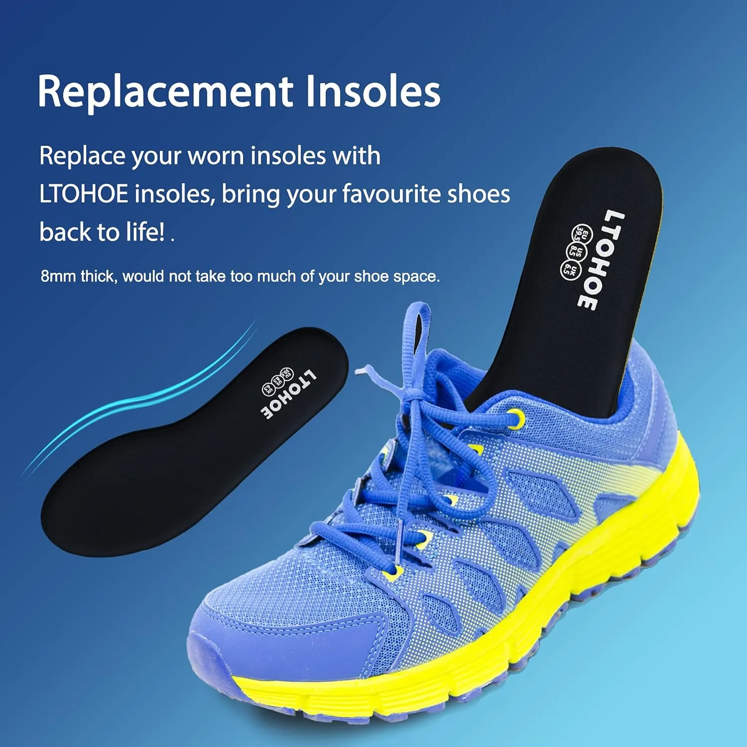 LTOHOE Memory Foam Insoles for Women, Replacement Shoe Inserts for Running Shoes, Hiking Shoes, Sneaker, Cushion Shoe Insoles Shock Absorbing for Foot Pain Relief, Comfort Inner Soles 8mm Black US 6.5