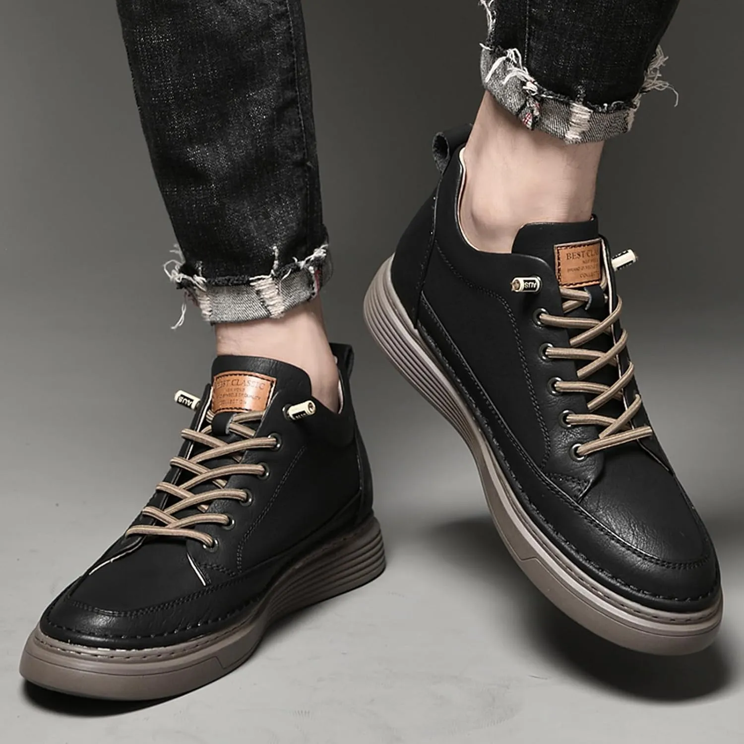 Men's Invisible Height Increasing Elevator Shoes 2.5 Inches Taller Height Sneakers Leather Casual Shoes with Breathable or Plush Lining
