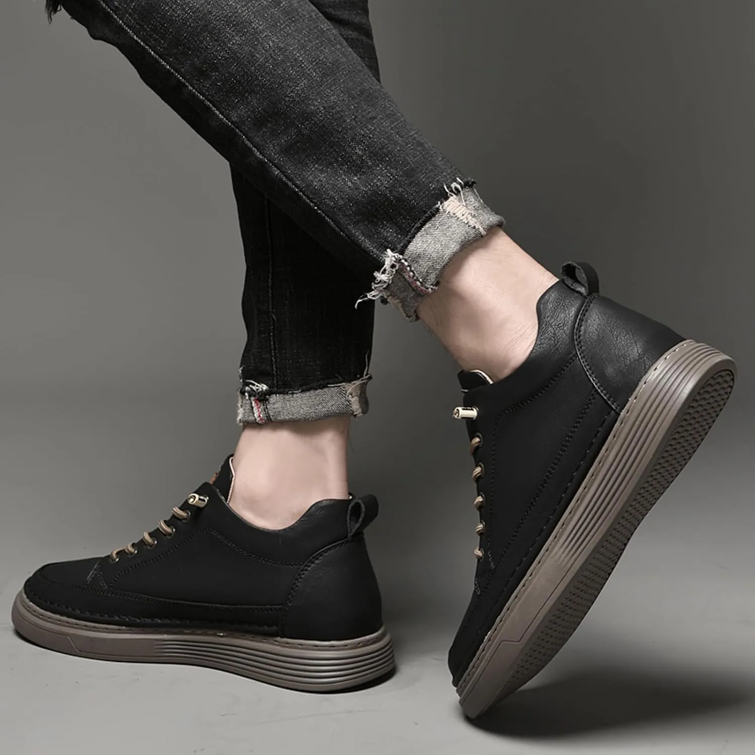 Men's Invisible Height Increasing Elevator Shoes 2.5 Inches Taller Height Sneakers Leather Casual Shoes with Breathable or Plush Lining