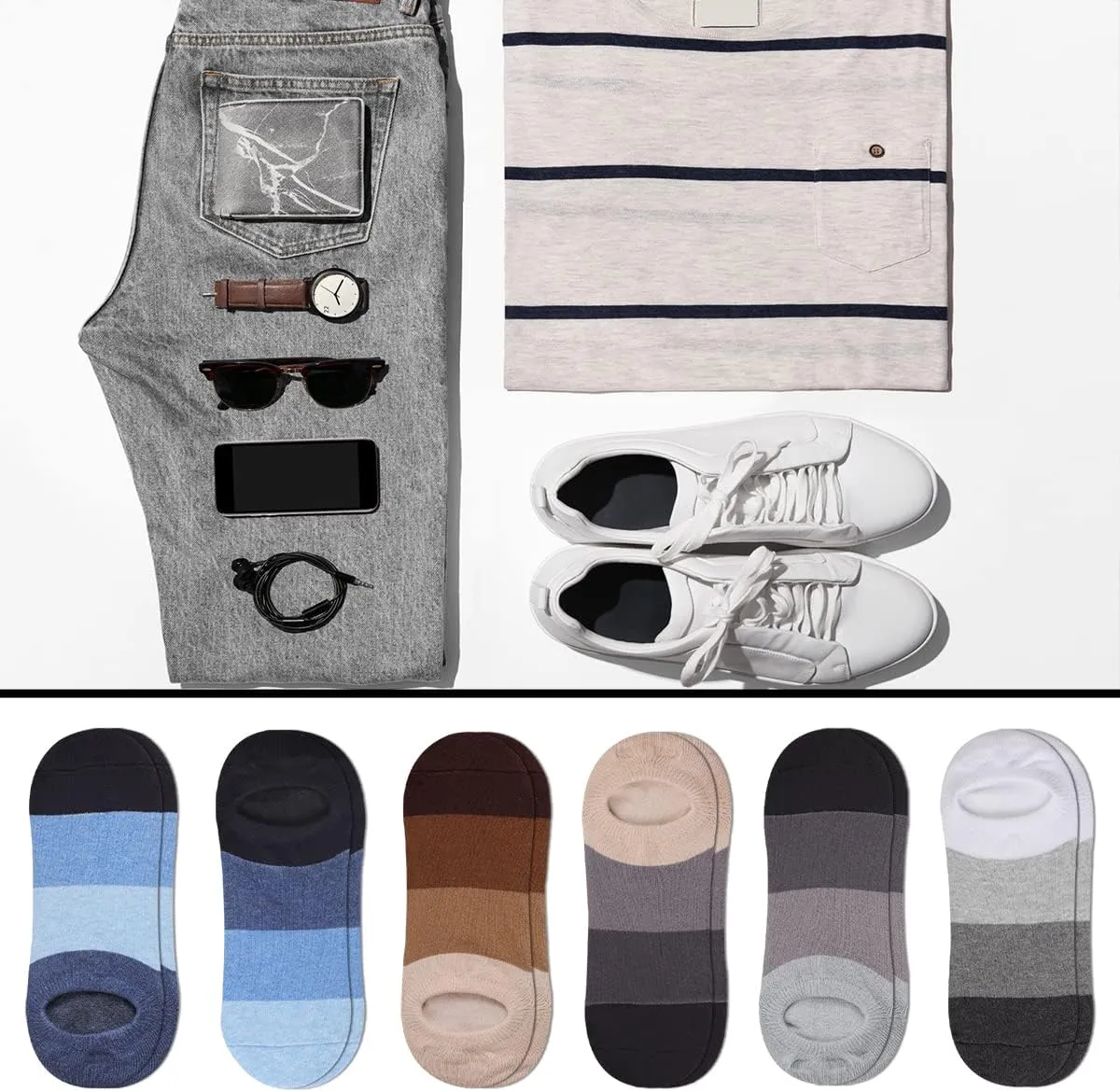 Mens No Show Cotton Socks 8 Pack Low Cut Casual Sock with Non-Slip Grips
