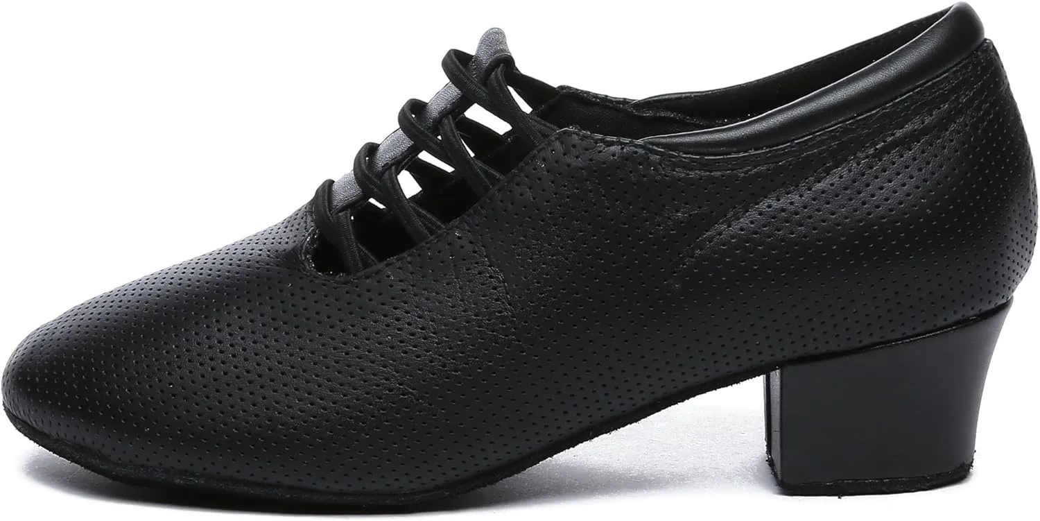 Minishion Leather Dance Shoes for Women Lace-up Low Heel Comfortable Latin Ballroom Shoes D36