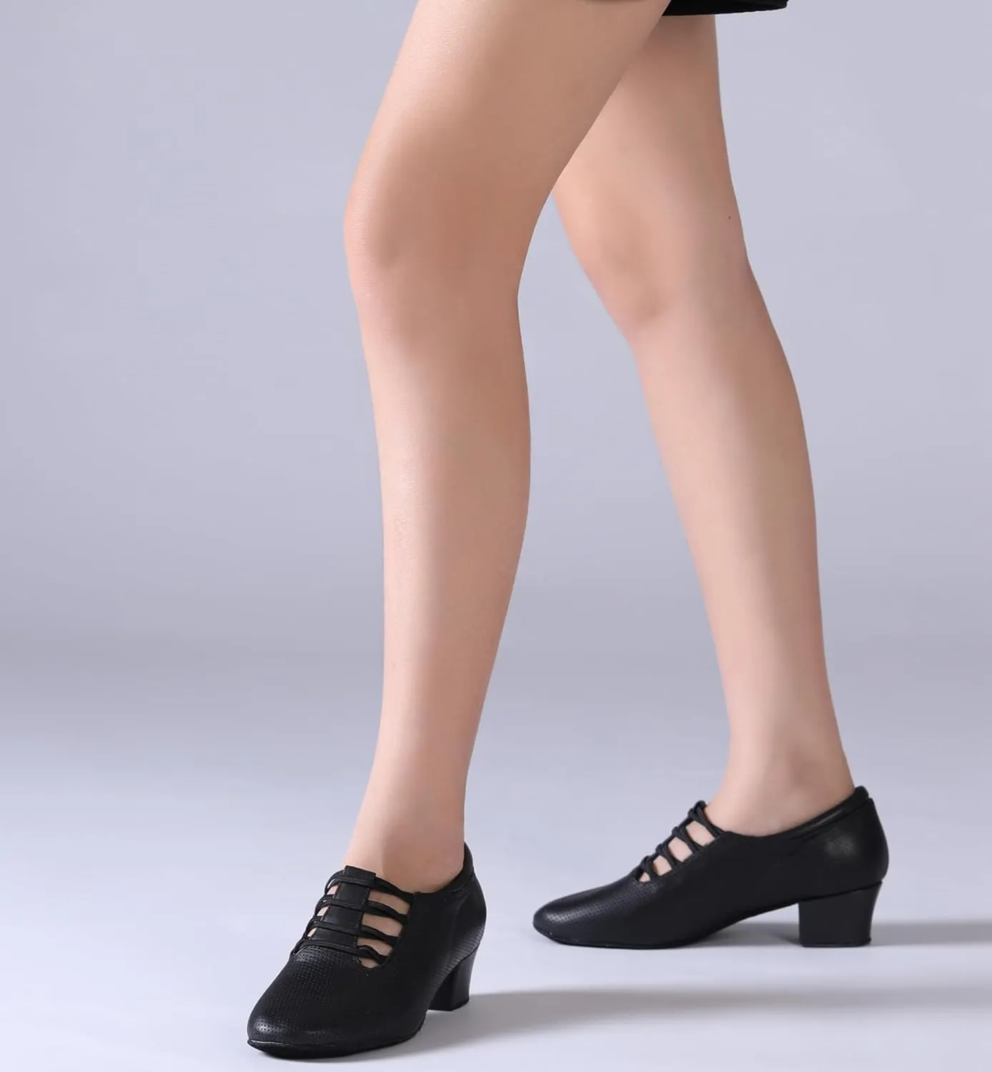 Minishion Leather Dance Shoes for Women Lace-up Low Heel Comfortable Latin Ballroom Shoes D36