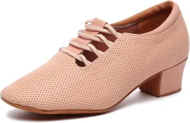 Minishion Leather Dance Shoes for Women Lace-up Low Heel Comfortable Latin Ballroom Shoes D36