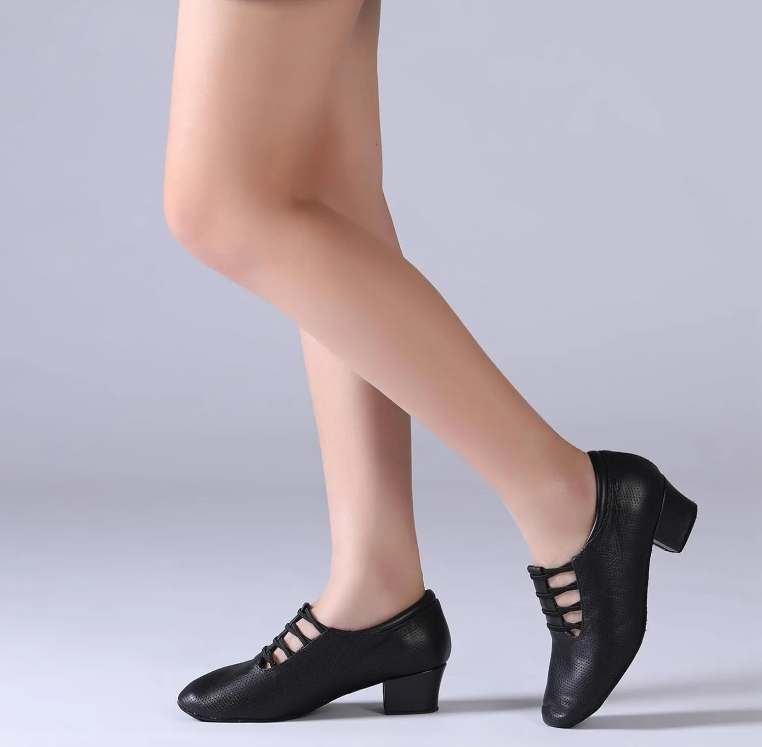 Minishion Leather Dance Shoes for Women Lace-up Low Heel Comfortable Latin Ballroom Shoes D36