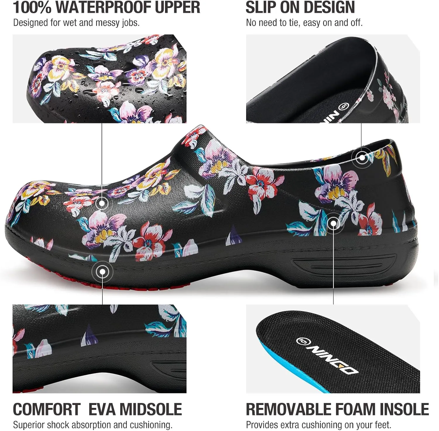 NINGO Slip Resistant Work Shoes for Women, Non Slip Chef Shoes, Waterproof & Easy to Clean, Comfortable Lightweight Women's Clogs, Nurse Shoes for Food Service, Healthcare, Gardening