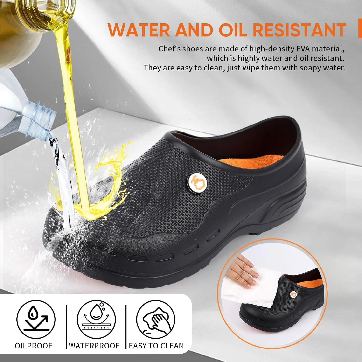 Non Slip Work Shoes for Men Women, Waterproof Oil-Proof Slip Resistant Chef Shoes Food Service Restaurant Kitchen Comfortable Nursing Clogs Standing All Day