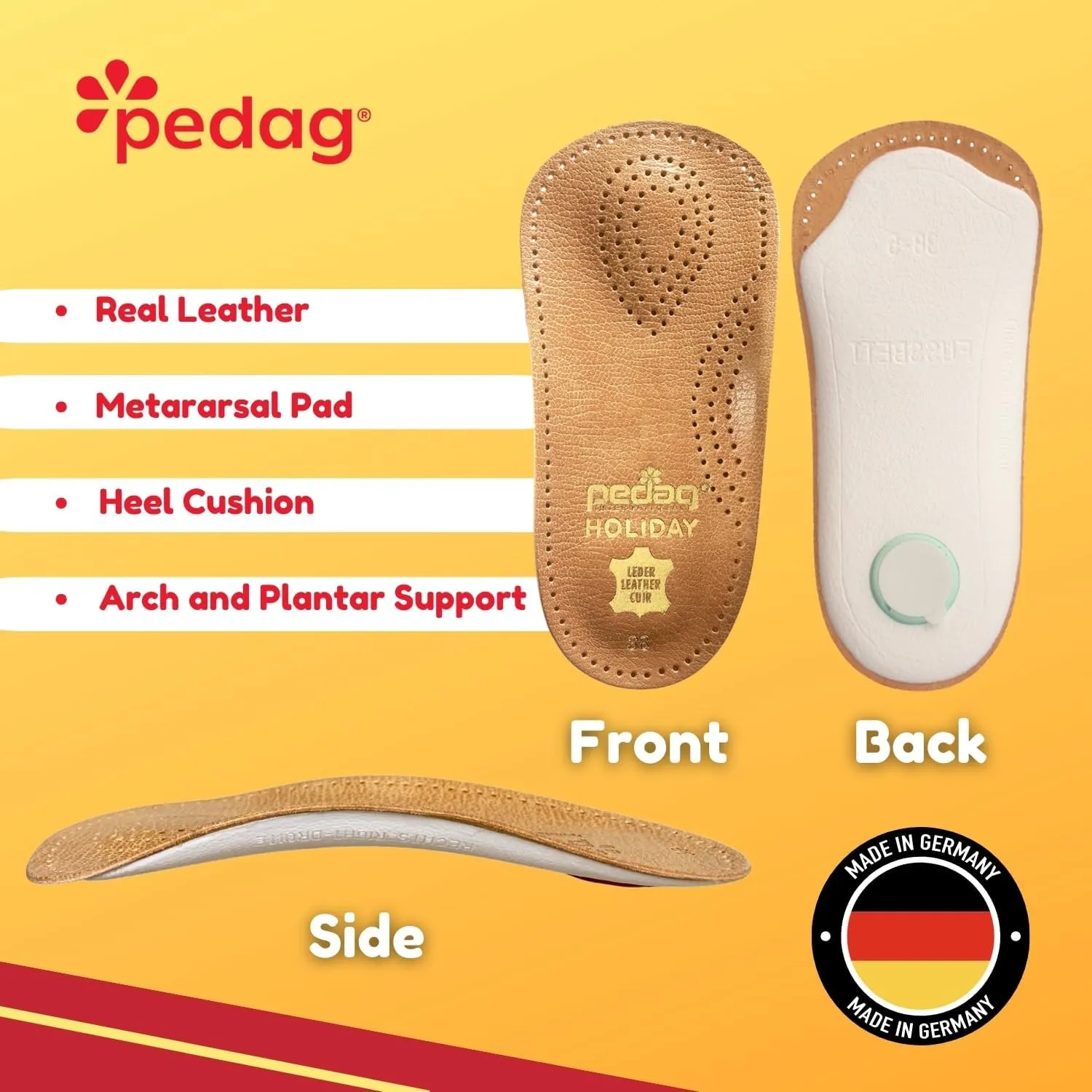 Pedag Holiday | 3/4 Length Sheepskin Orthotic Inserts | Handmade in Germany | Arch Support | Metatarsal Pad | Heel Cushion | Fits Low Profile Tight Shoes | Tan | 1 Pair | US Men 11 / EU 44