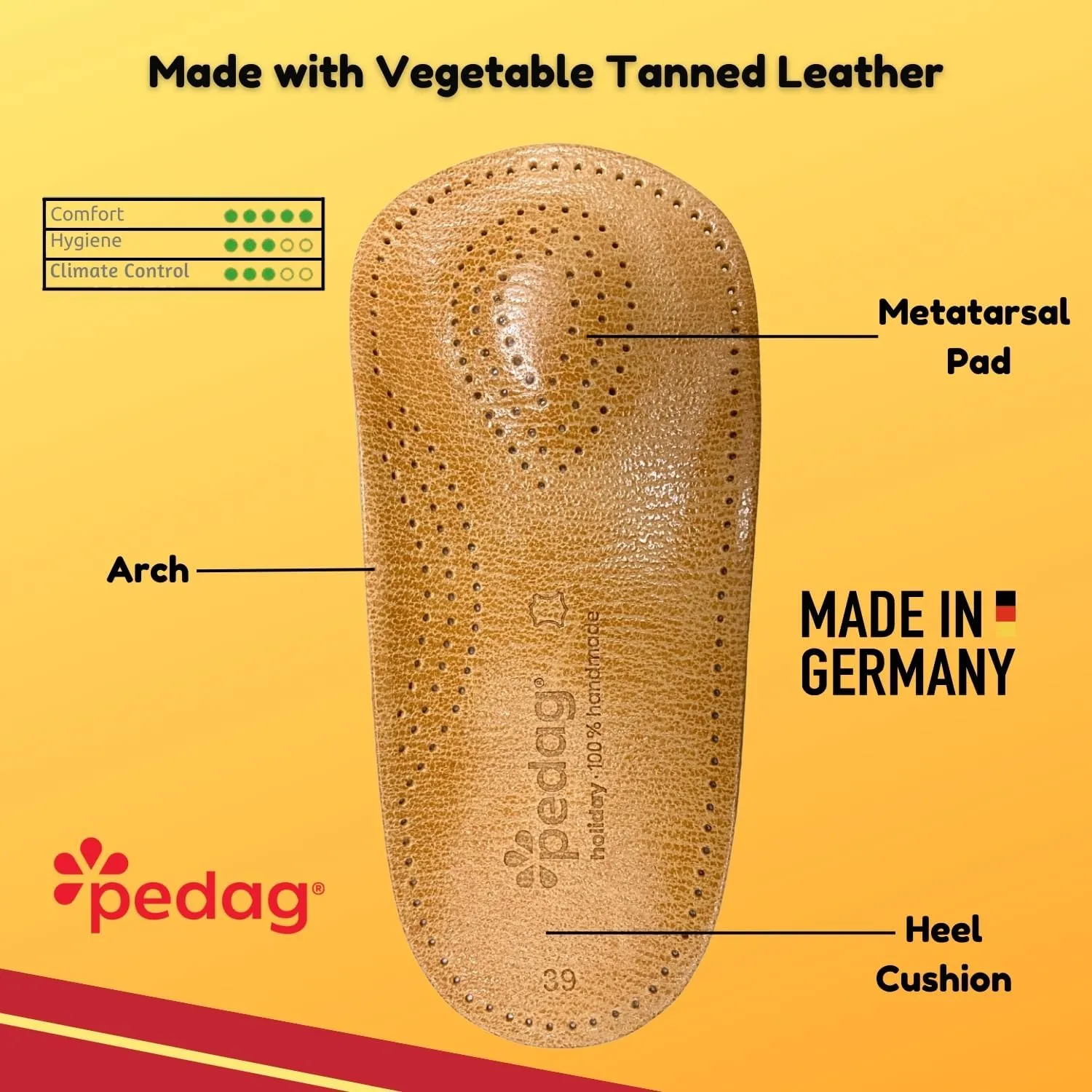 Pedag Holiday | 3/4 Length Sheepskin Orthotic Inserts | Handmade in Germany | Arch Support | Metatarsal Pad | Heel Cushion | Fits Low Profile Tight Shoes | Tan | 1 Pair | US Men 11 / EU 44