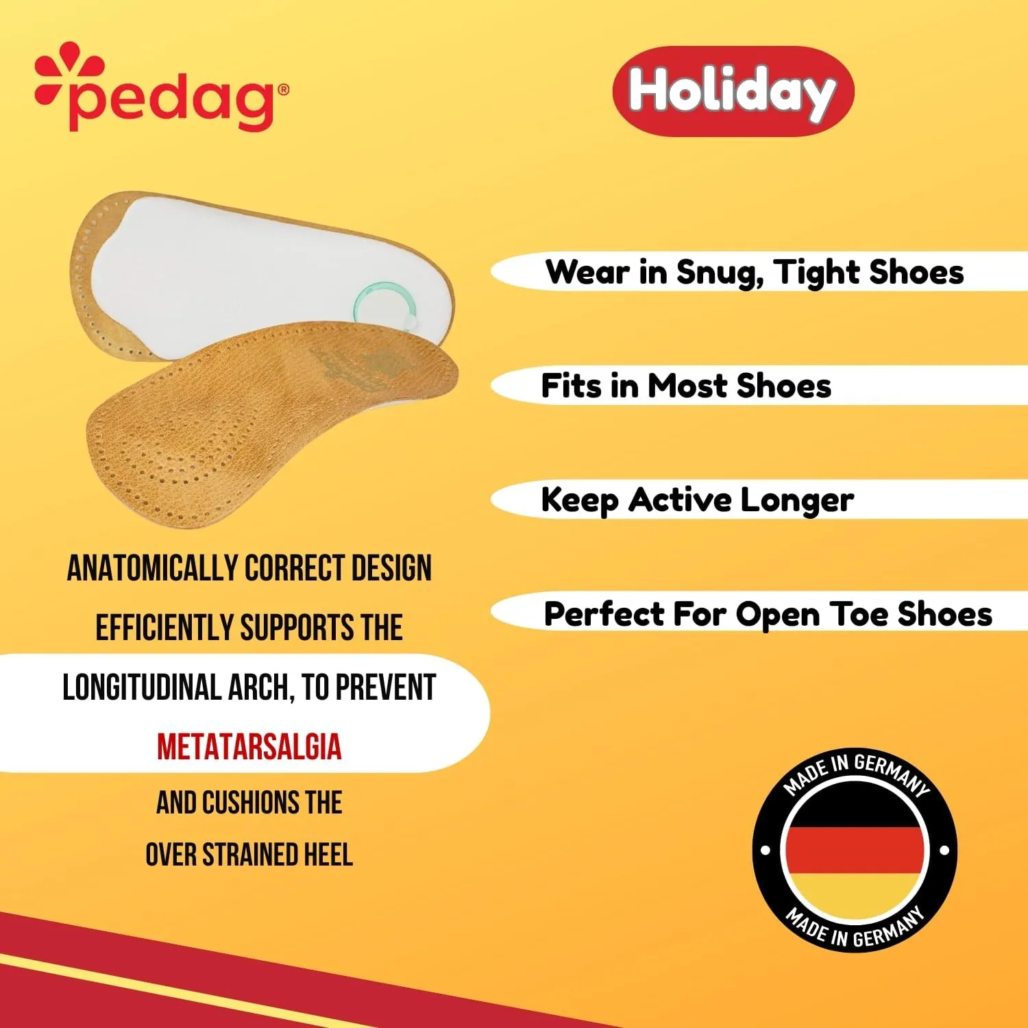 Pedag Holiday | 3/4 Length Sheepskin Orthotic Inserts | Handmade in Germany | Arch Support | Metatarsal Pad | Heel Cushion | Fits Low Profile Tight Shoes | Tan | 1 Pair | US Men 11 / EU 44