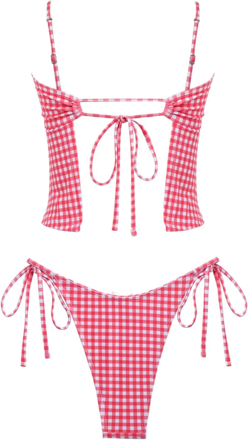seamoly Women's Tankini Sets Sexy Open Back Two Piece Swimsuit High Cut Side Tie Thong Bathing Suit Floral Gingham Bikini